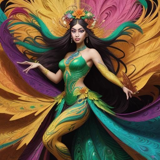 Dragon Peacock Woman in Abstract Fauvism Style