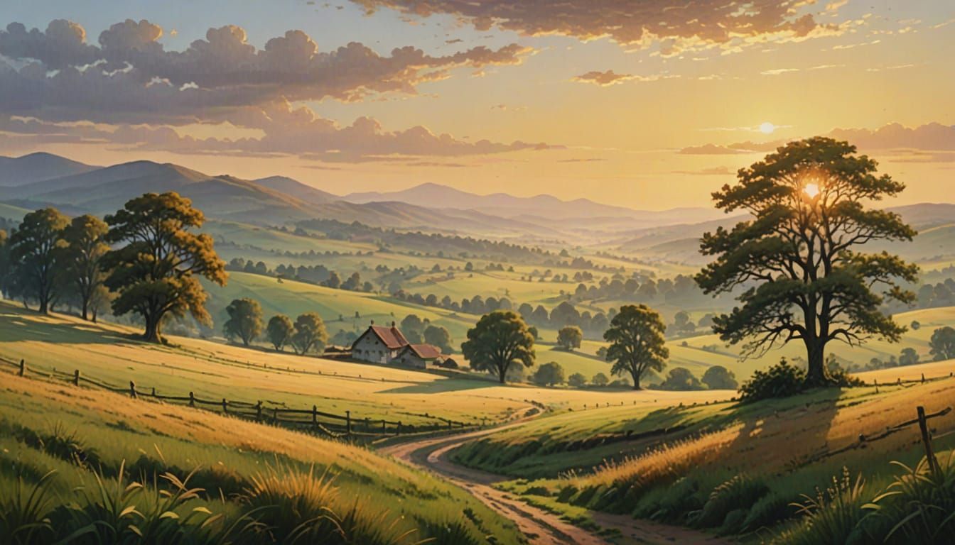 Picturesque Rural Landscape at Daybreak: Oil Painting