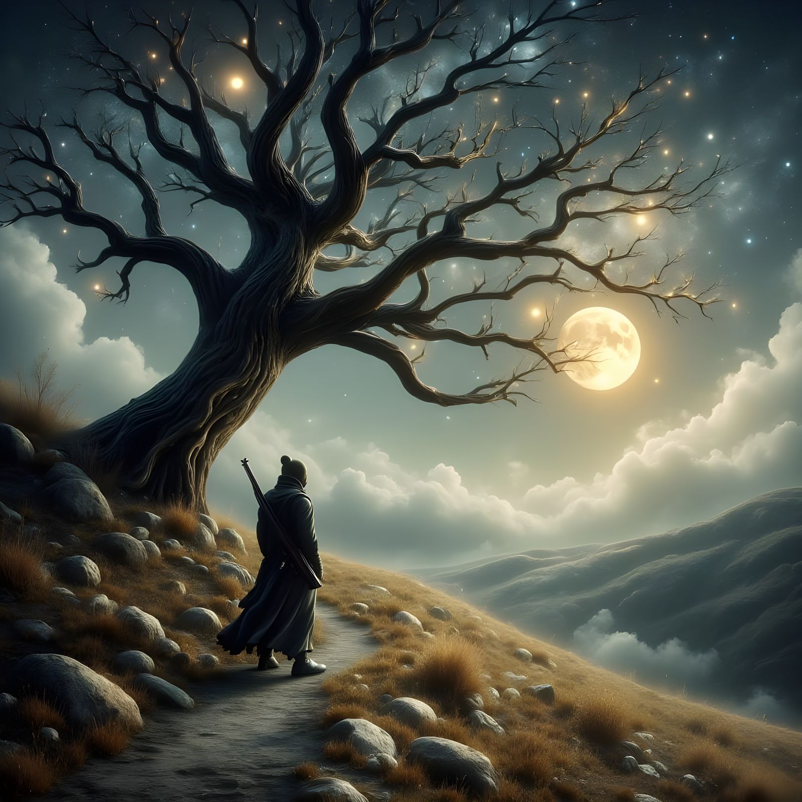 Majestic Tree Stands Sentinel on Windswept Hill, Hunter Walk...