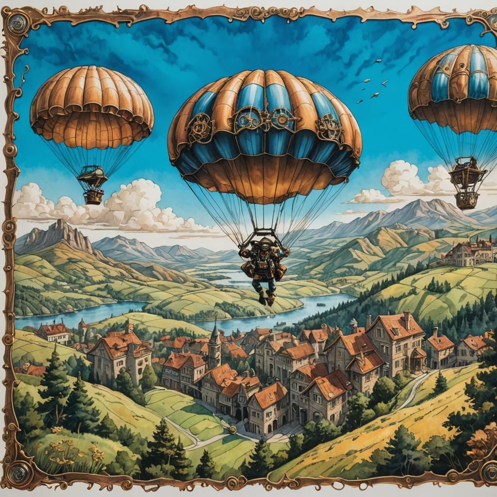 Steampunk Parachutist in Picturesque Landscape