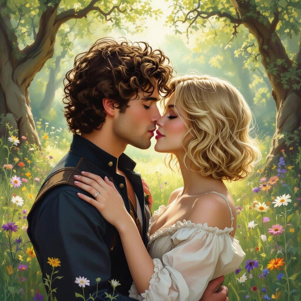 Passionate Kiss in Sun-Dappled Forest Clearing