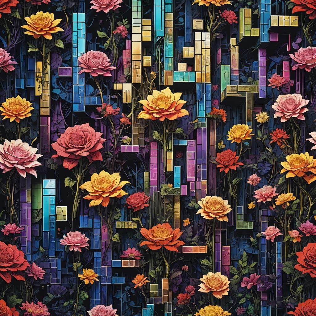 Surreal Tetris Hallucination with Roses in Mosaic Style
