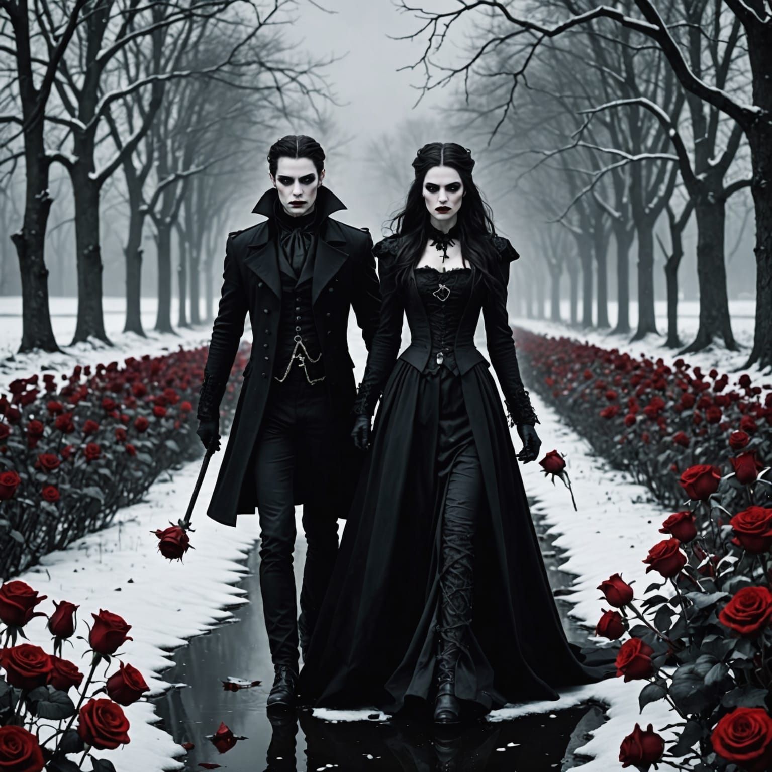 Gothic Girl and Vampire in Field of Roses
