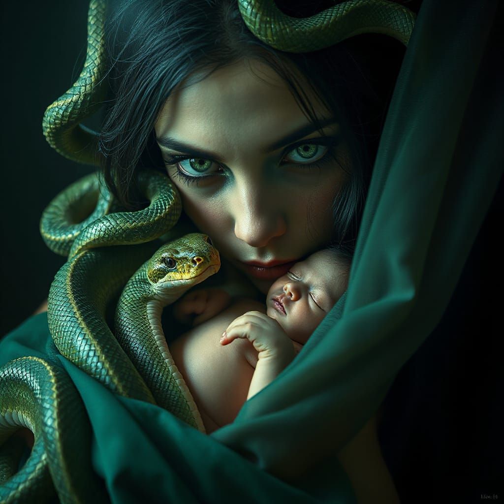 Enchanting Green-Eyed Medusa Portrait with Baby