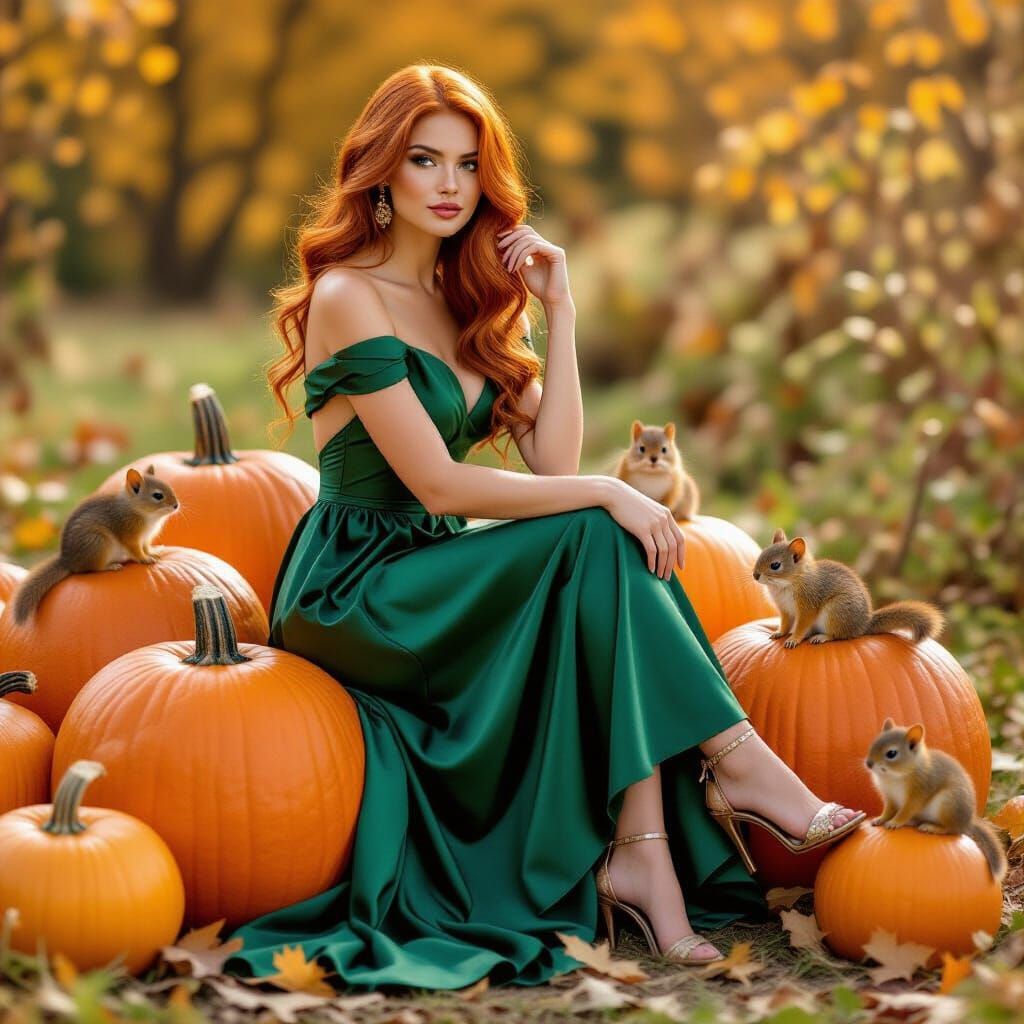 Young Woman in Emerald Dress on Pumpkin, Autumn Scene