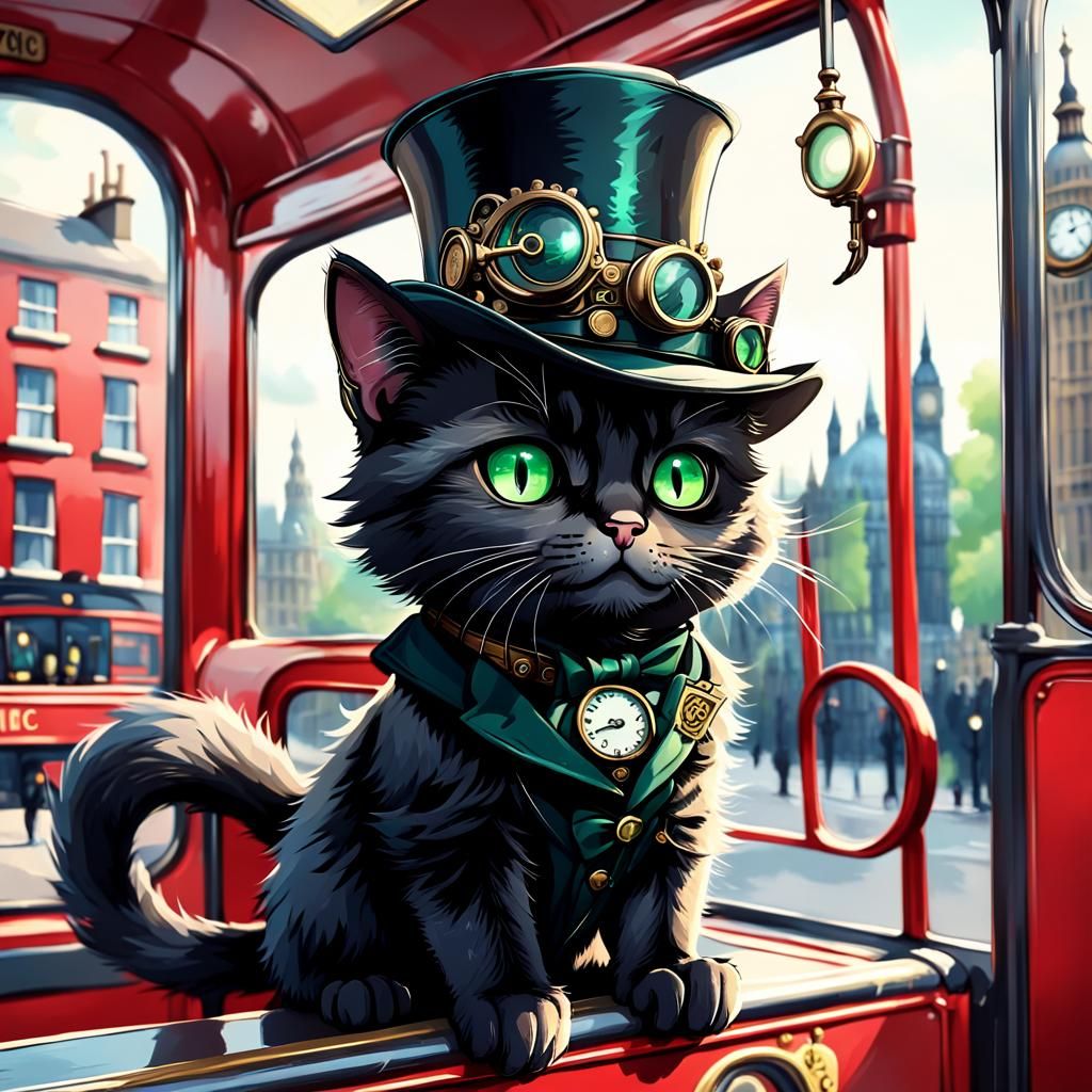 Chibi Steampunk Cat Rides London Bus