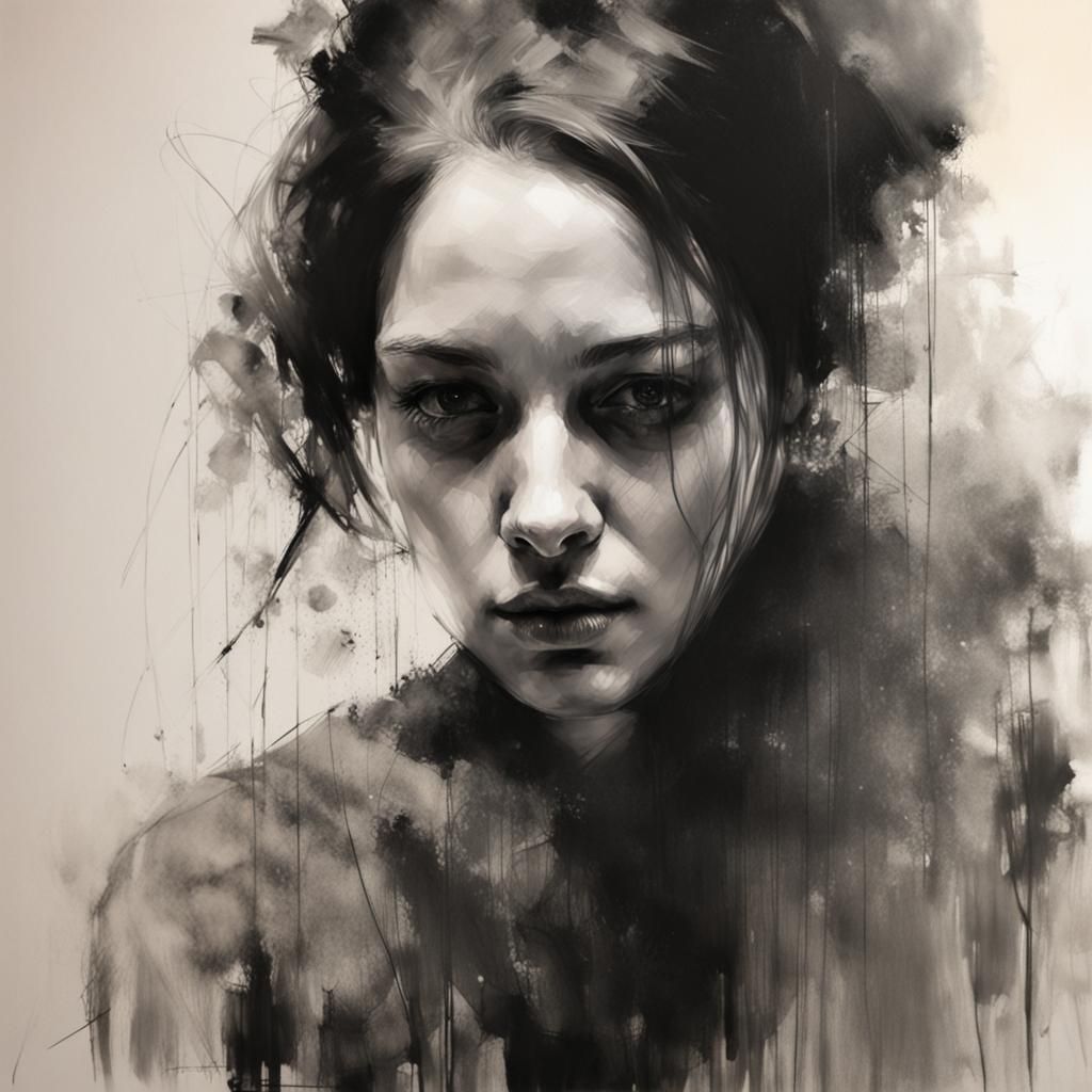 Shy Woman in Charcoal Drawing Style