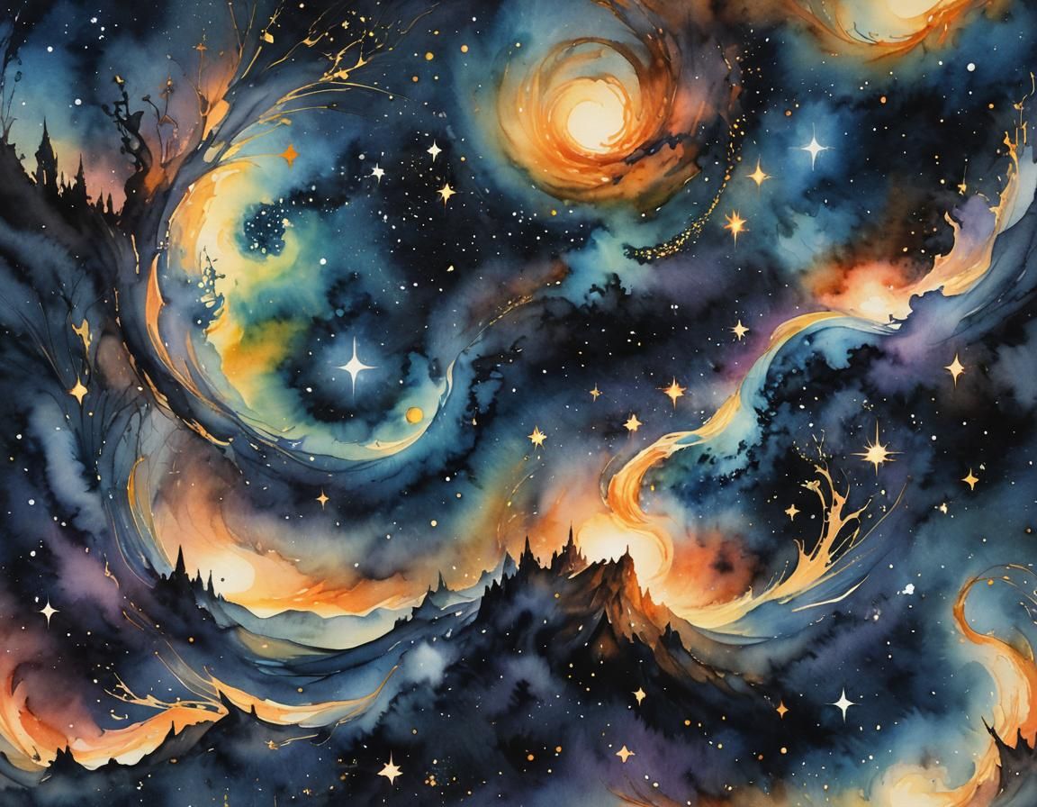 Dark Swirling Star Abyss Watercolor