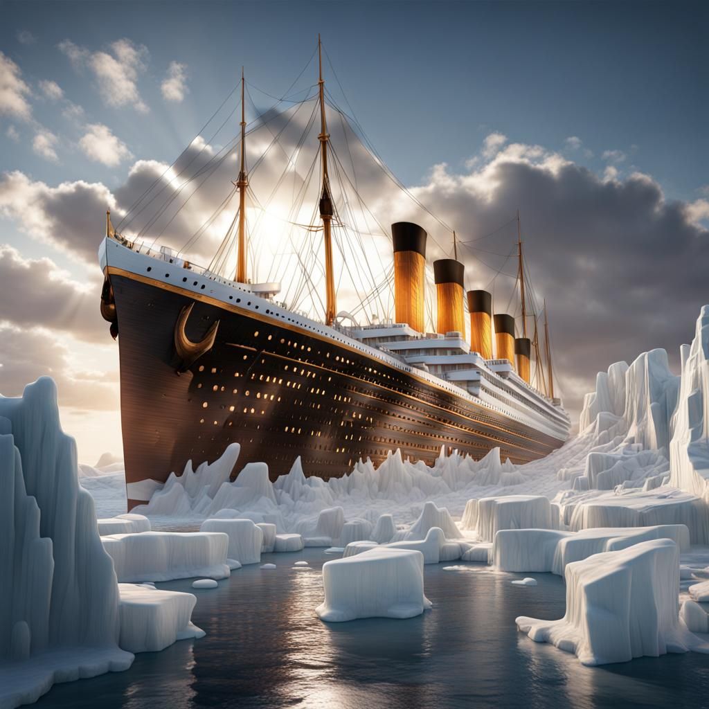 Titanic Ice Sculpture in Sunlight, Detailed Fantasy Art