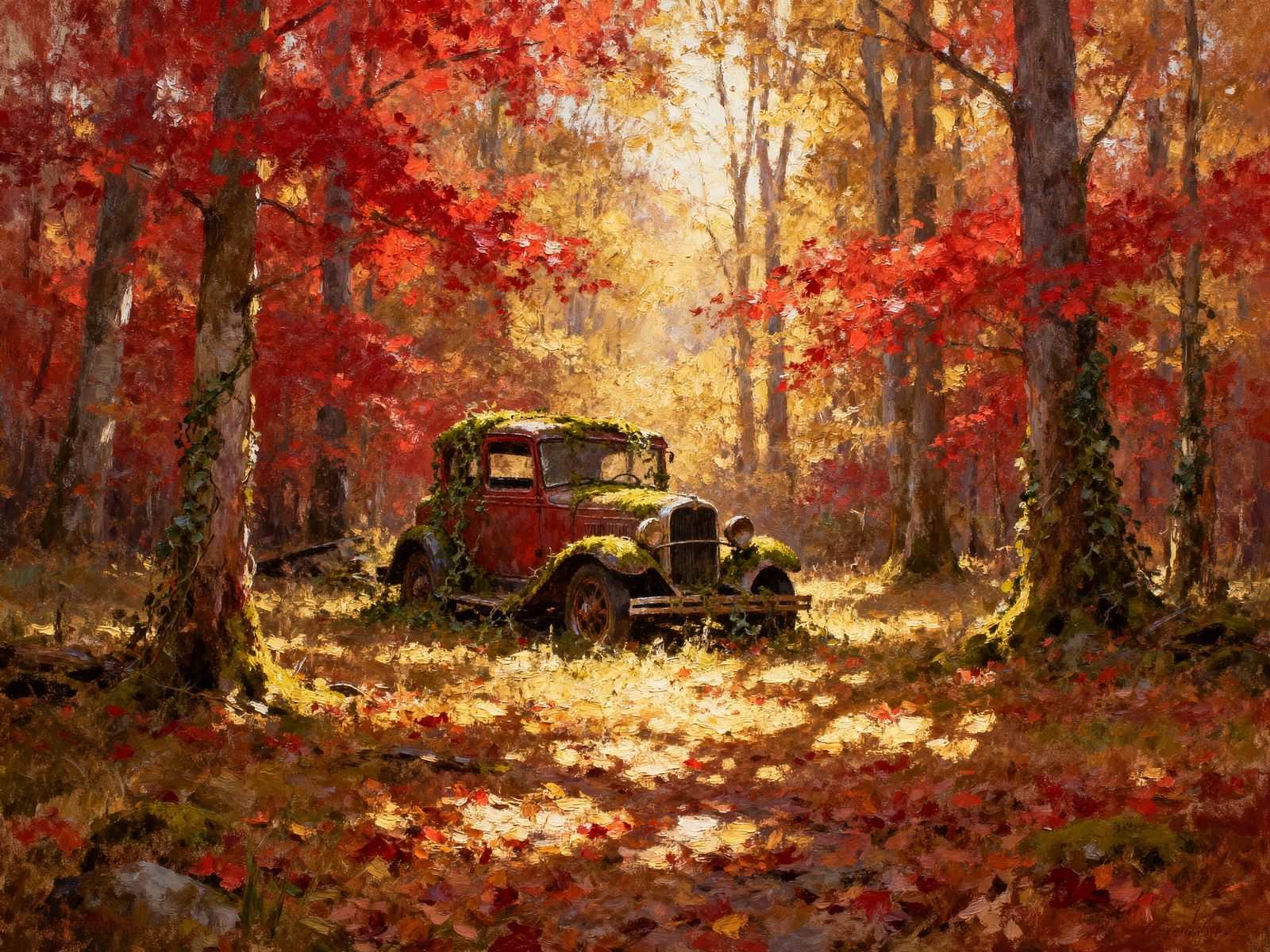 Abandoned 1932 Ford in Autumn Forest Oil Painting