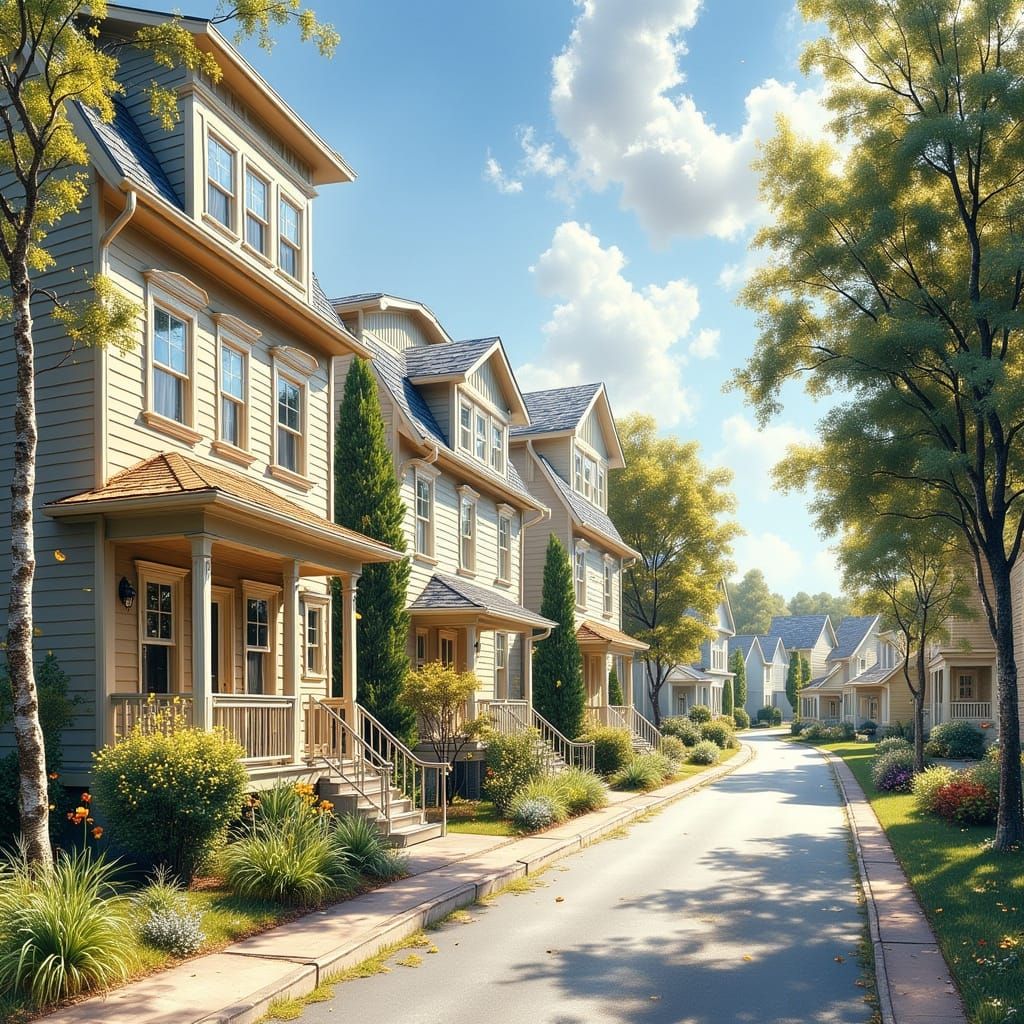 Sunny Suburban Cul-de-Sac in Post-Impressionist Style