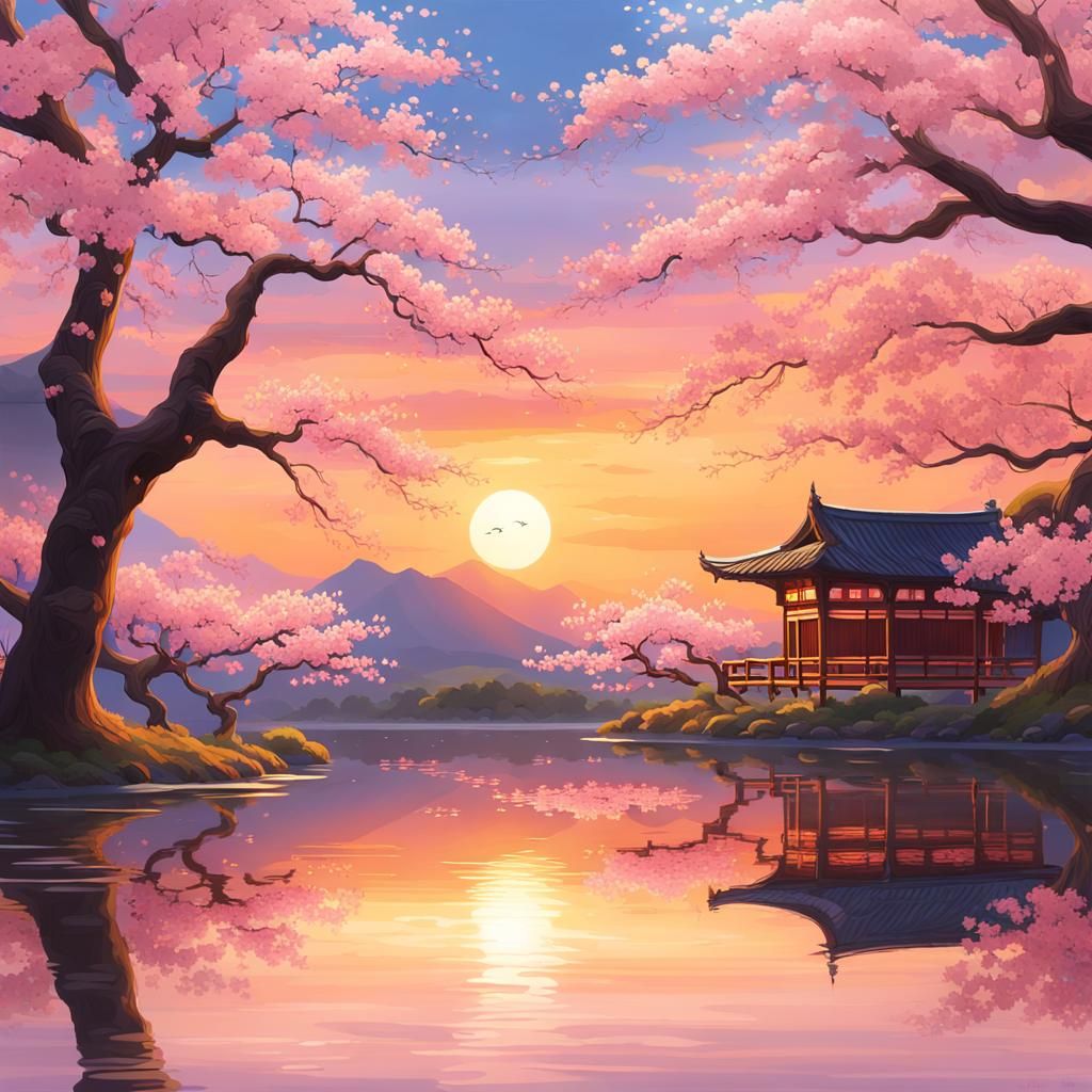 Sunset Reflection with Cherry Blossoms: Digital Art