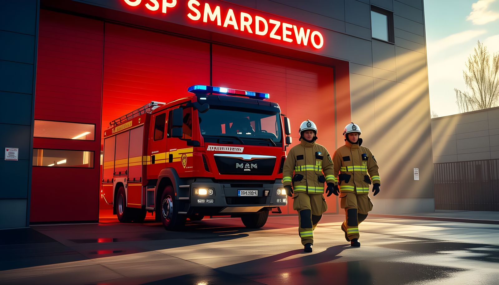 Fire Truck at Fire Station in Cinematic Lighting