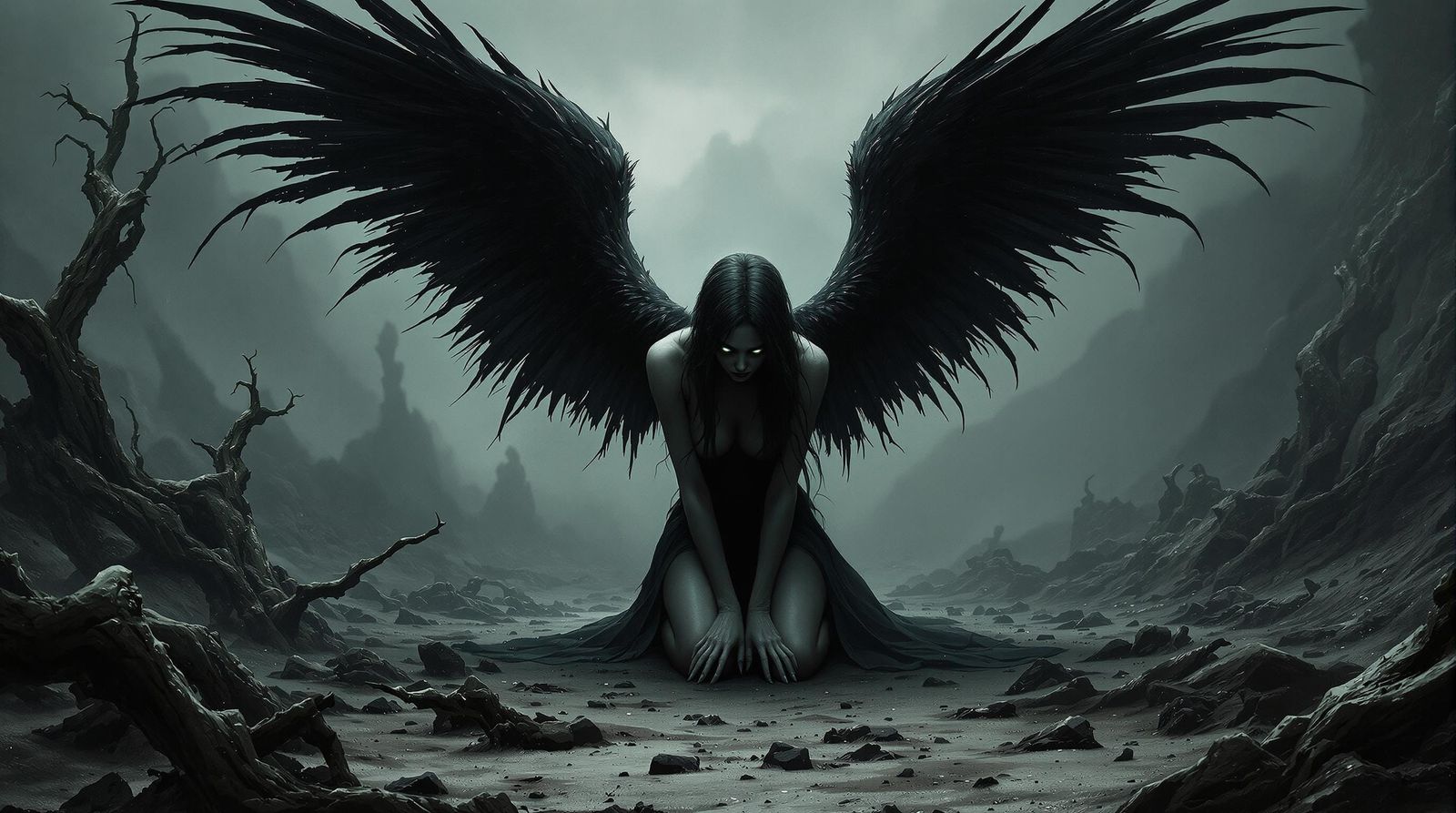 Fallen Angel in Desolate Landscape