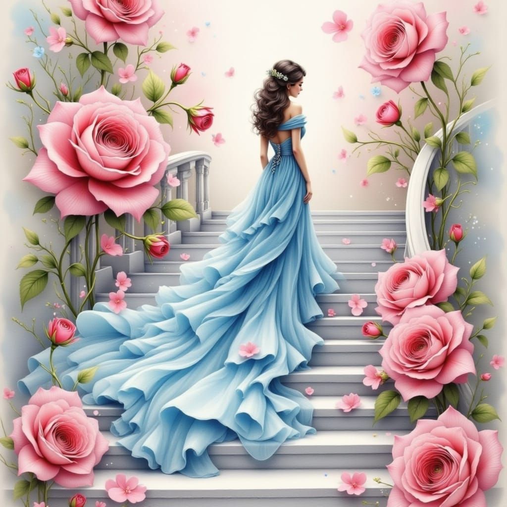 Woman in Blue Gown Ascends Rose-Lined Staircase in Dreamy St...
