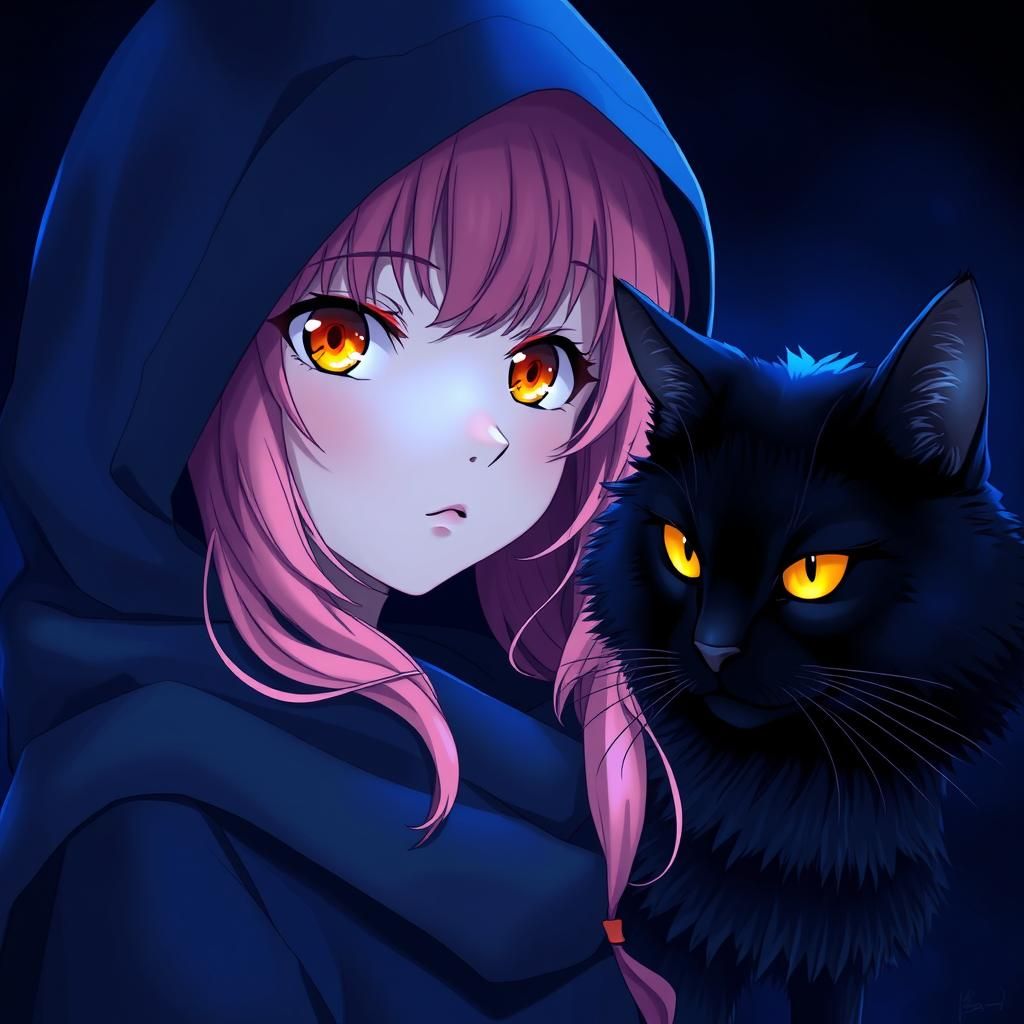 Pink-Haired Girl and Black Cat with Glowing Eyes
