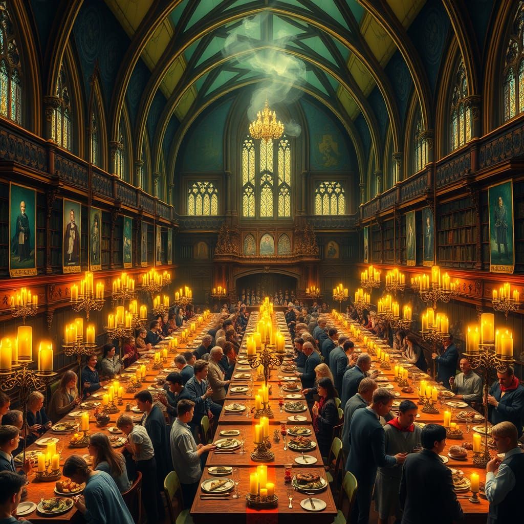 Hogwarts Dining Hall Feast in Vibrant Fantasy Style