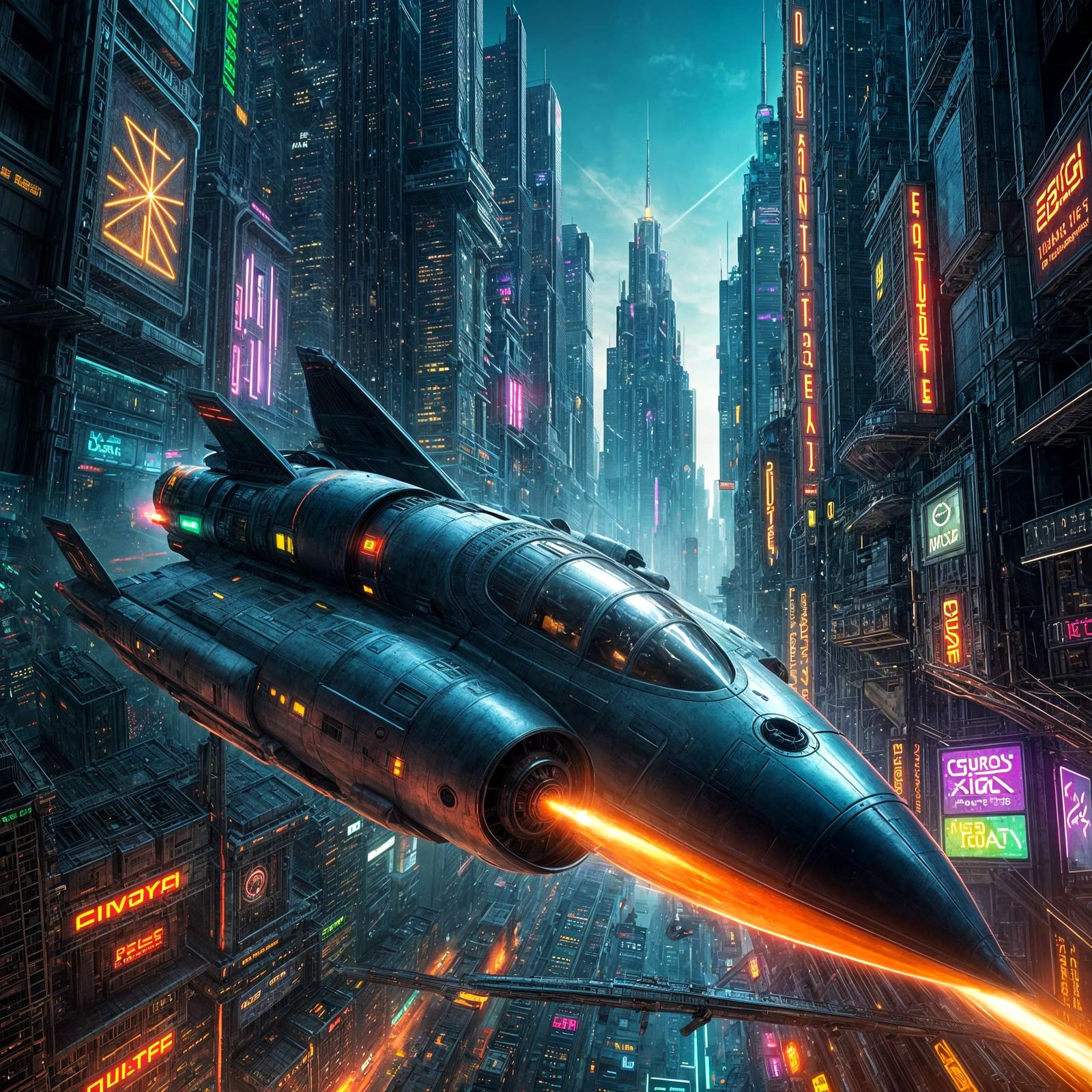 Rocket Soars Through Cyberpunk Cityscape
