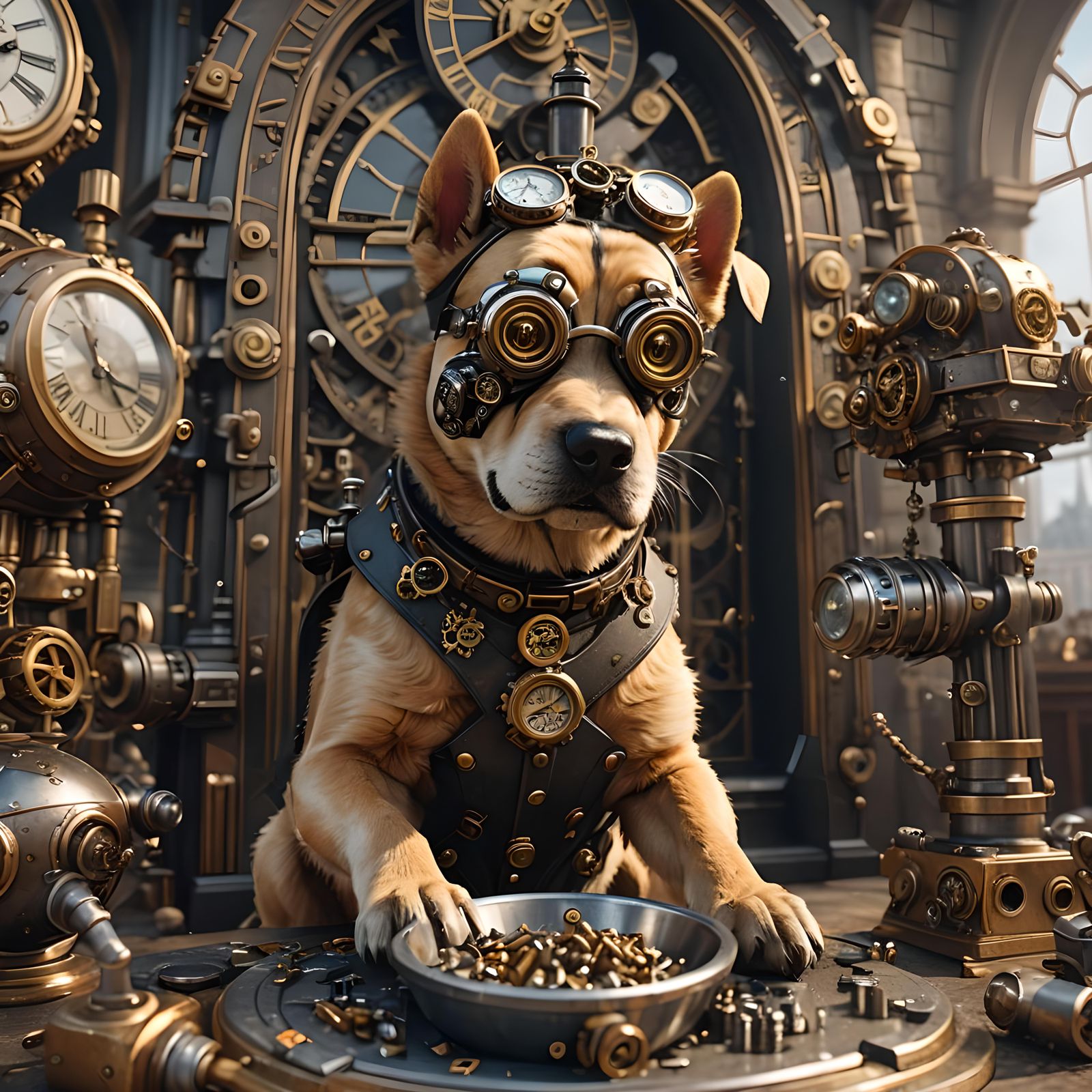 Steampunk Dog Enjoying Screws Near Big Ben