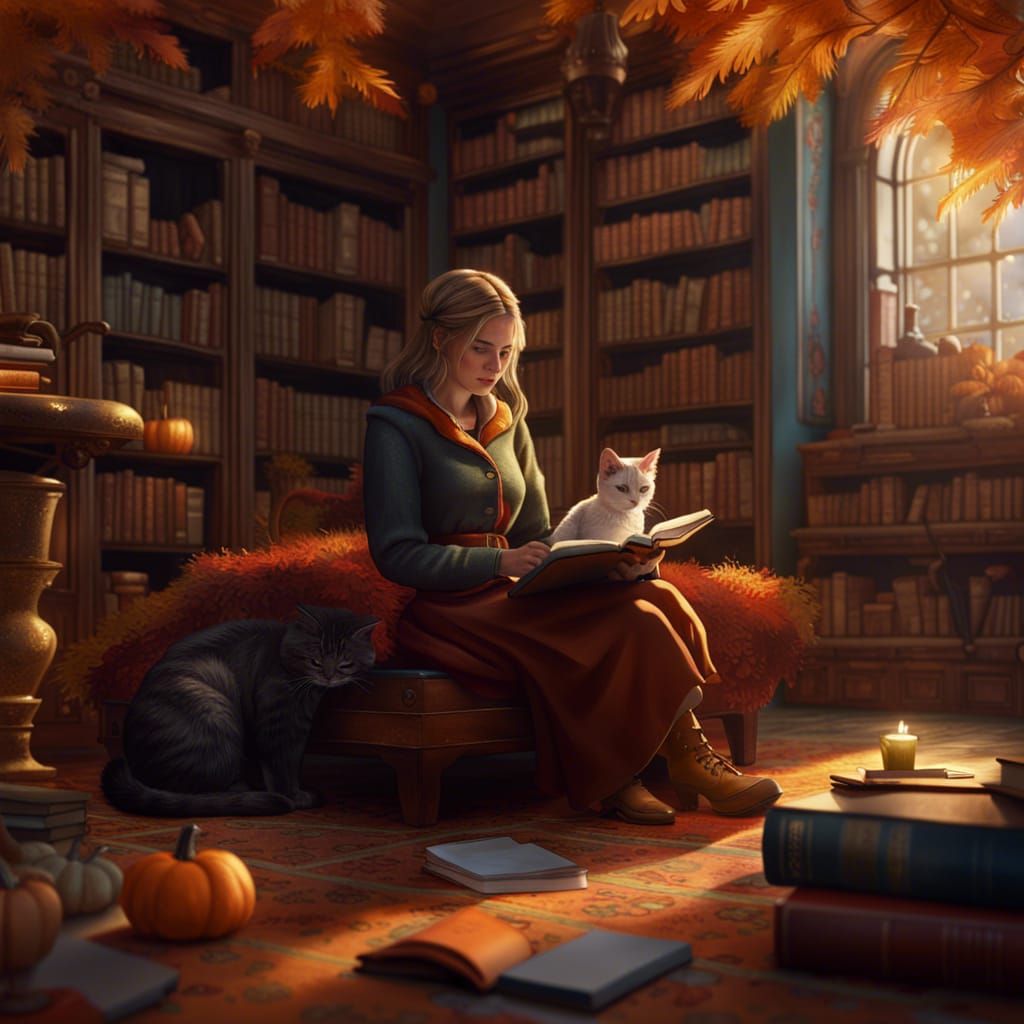Cozy Fall Library Scene with Girl, Cat, and Book