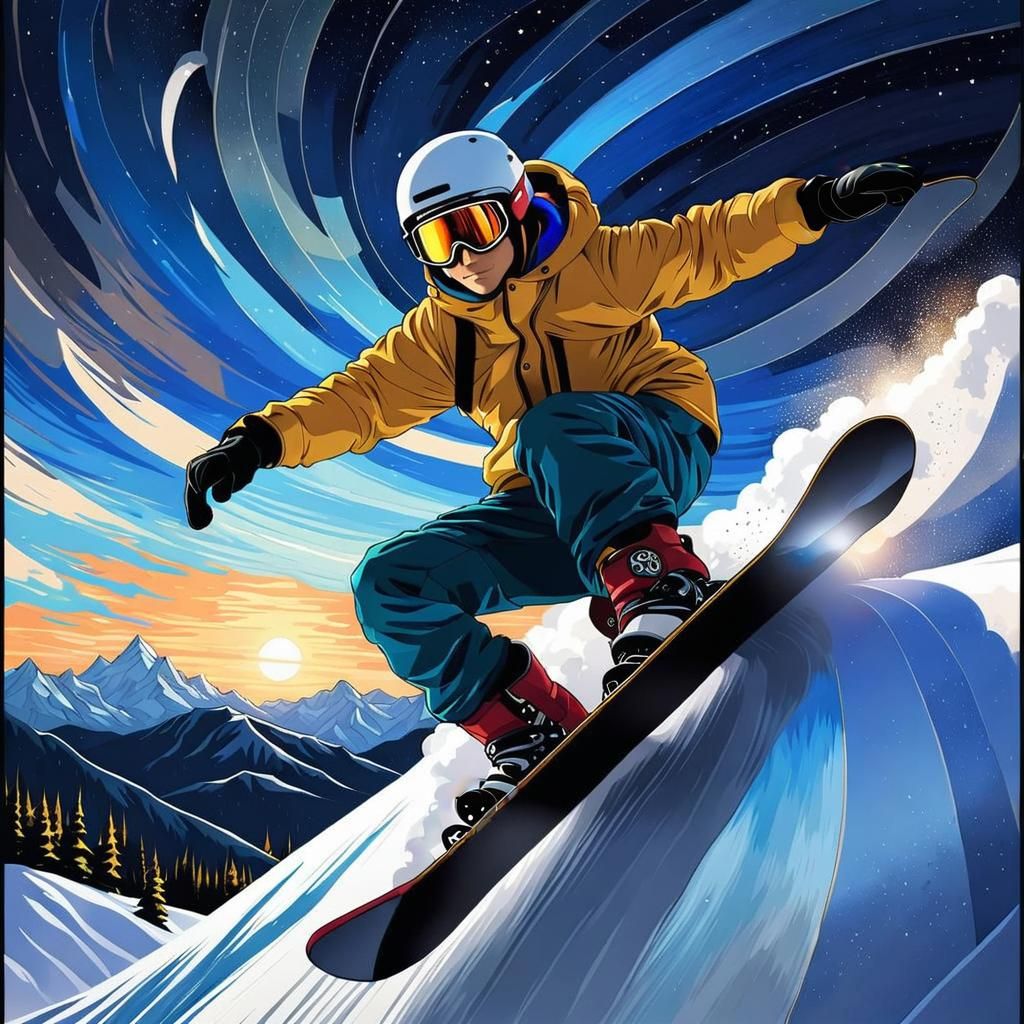Snowboarder's Starry Night Jump in Stained Glass Style
