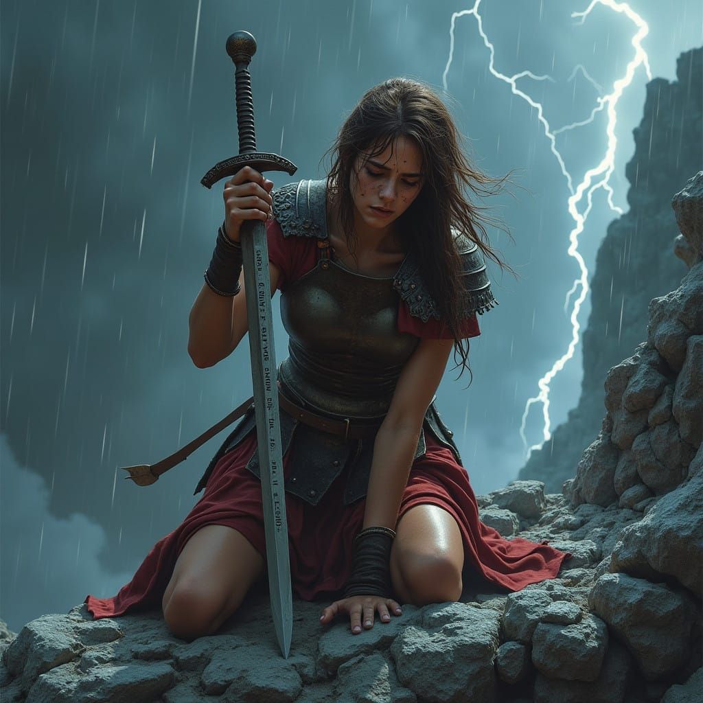 Ethereal Roman Warrior in Turbulent Storm