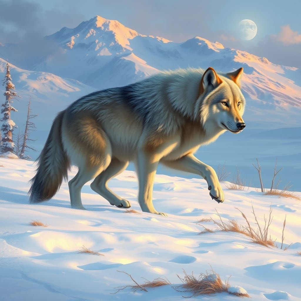 Arctic Wolf Hunting on Snowy Siberian Tundra