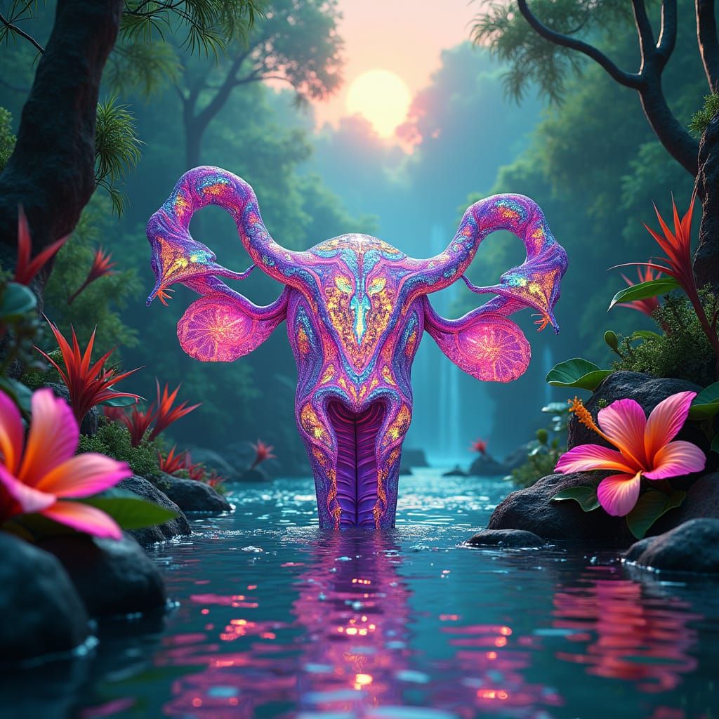 Uterus in Jungle River with Tropical Flowers