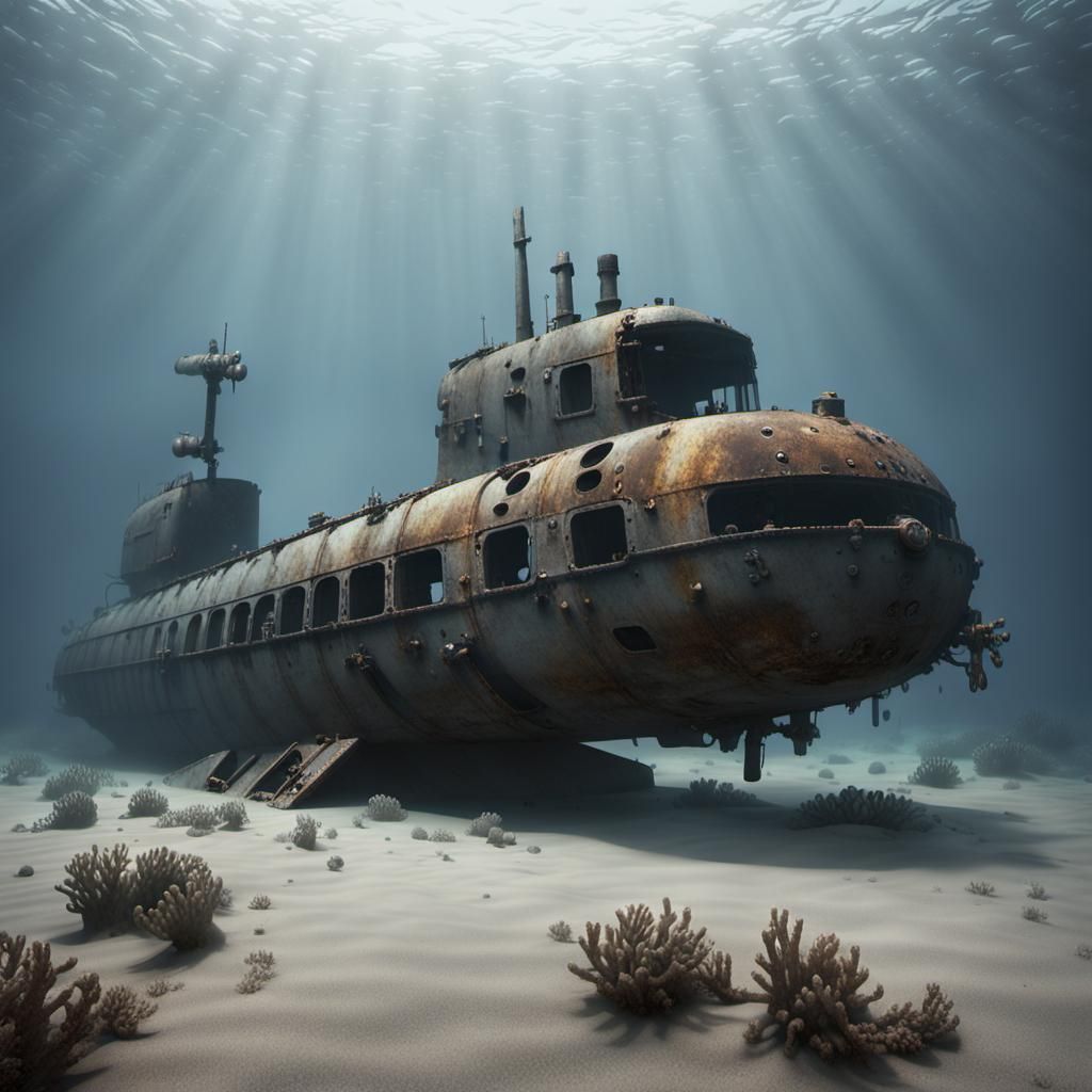 Underwater Submarine Wreck in Ocean Depth Atmosphere