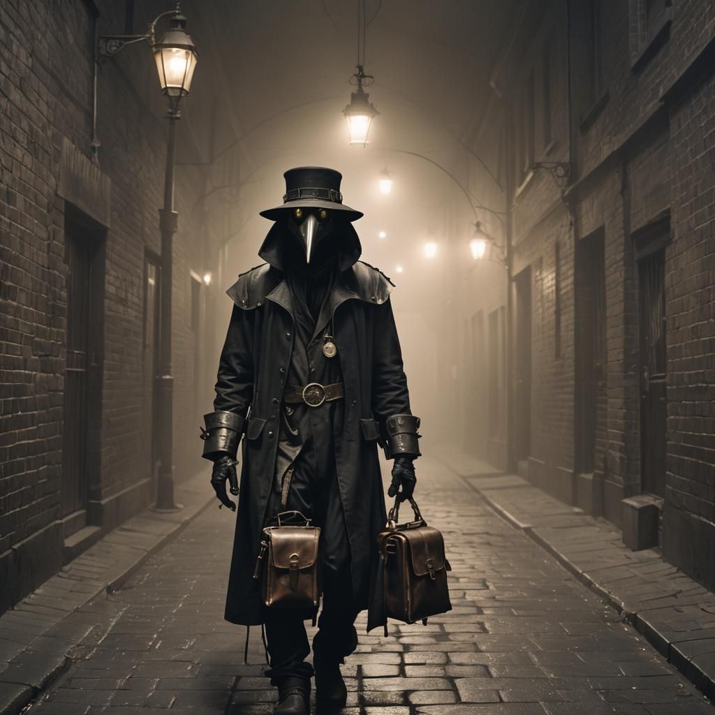 Steampunk Werewolf Plague Doctor in Foggy Alley