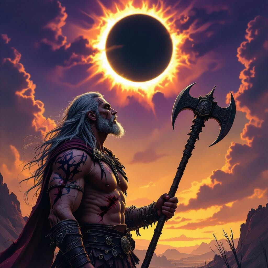 Warrior Gazing at Eclipsed Sun in Dark Fantasy Style