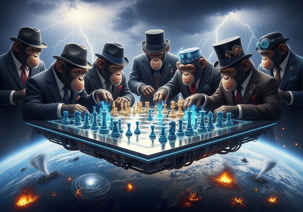 Chimpanzee Chess Game Above a Stormy Earth