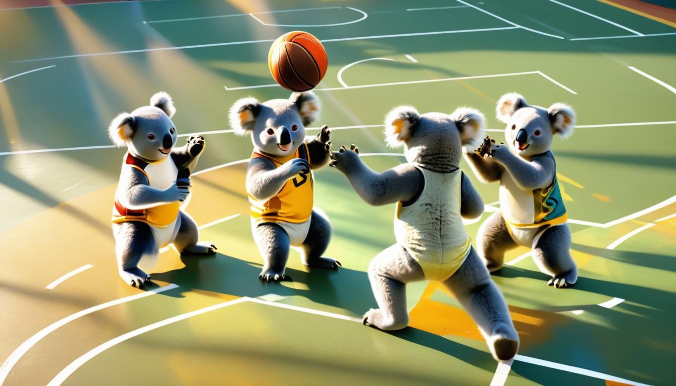 Koala Bears Play Basketball in Sunny Stadium