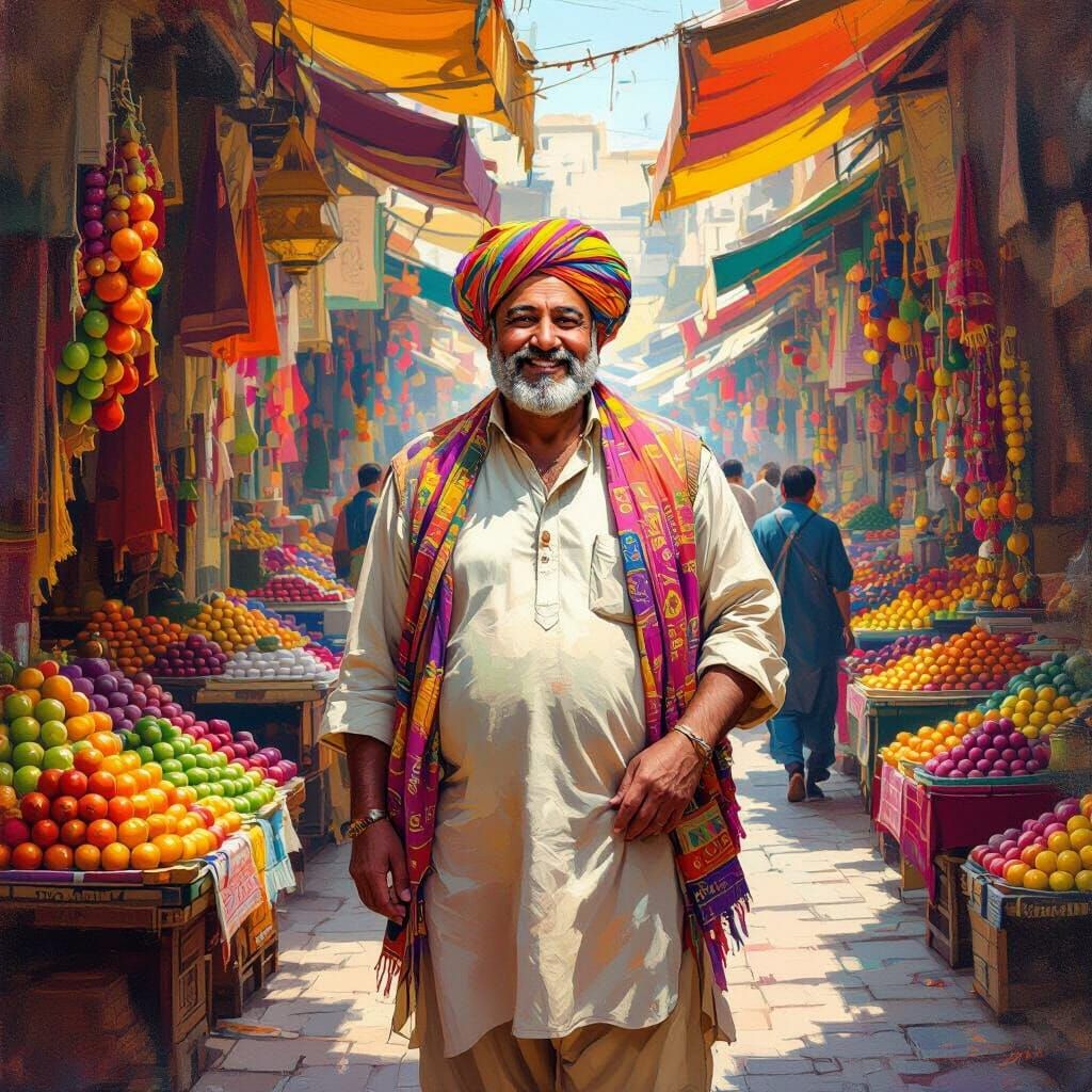 Portly Yasin in Vibrant Marketplace Oil Painting