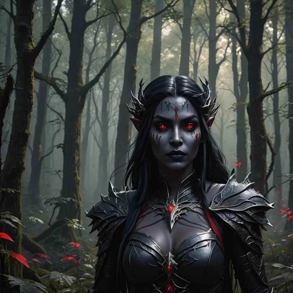 Female Drow in a Dark Forest, Fantasy Art