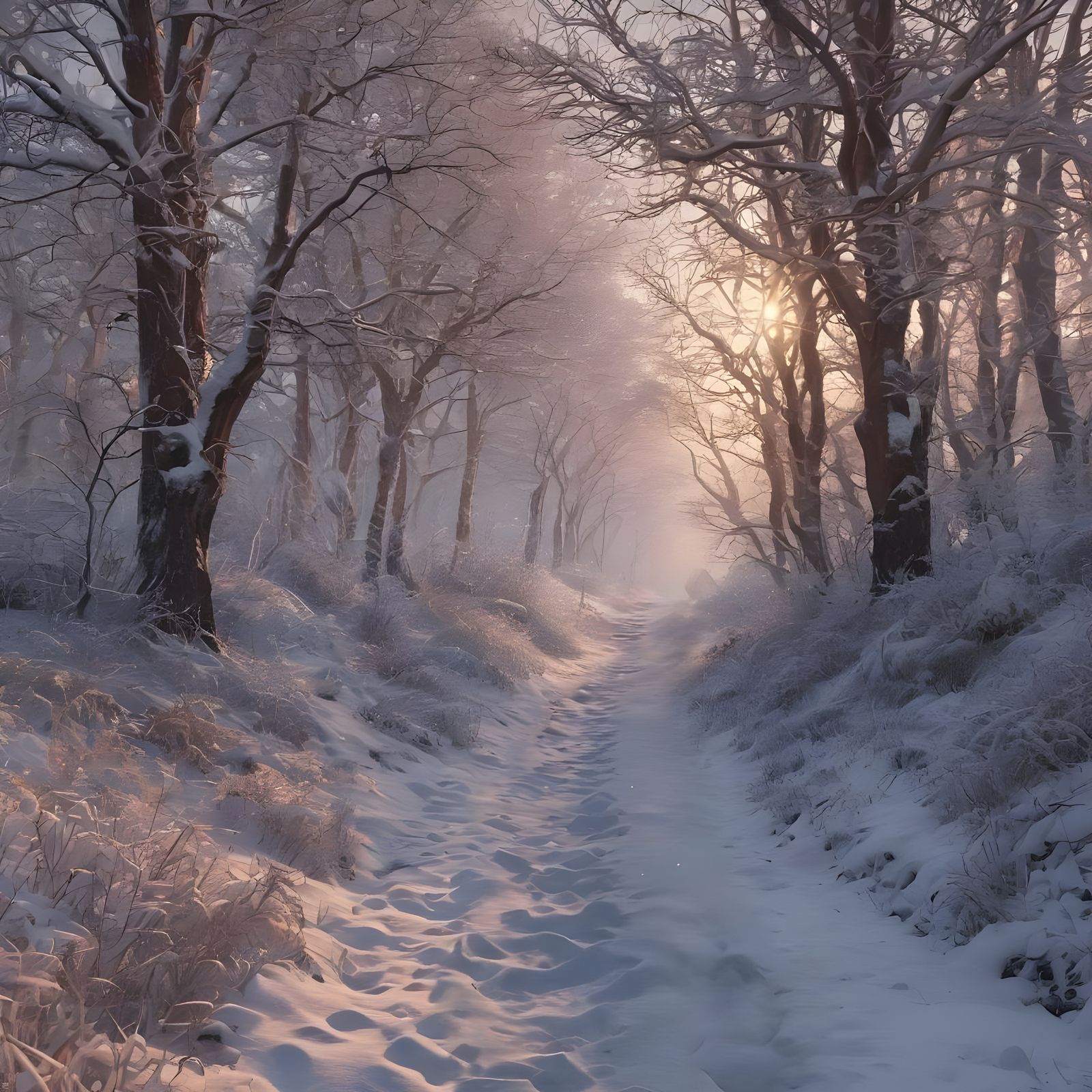 Mystical Path in Glittering Snow at Sunrise