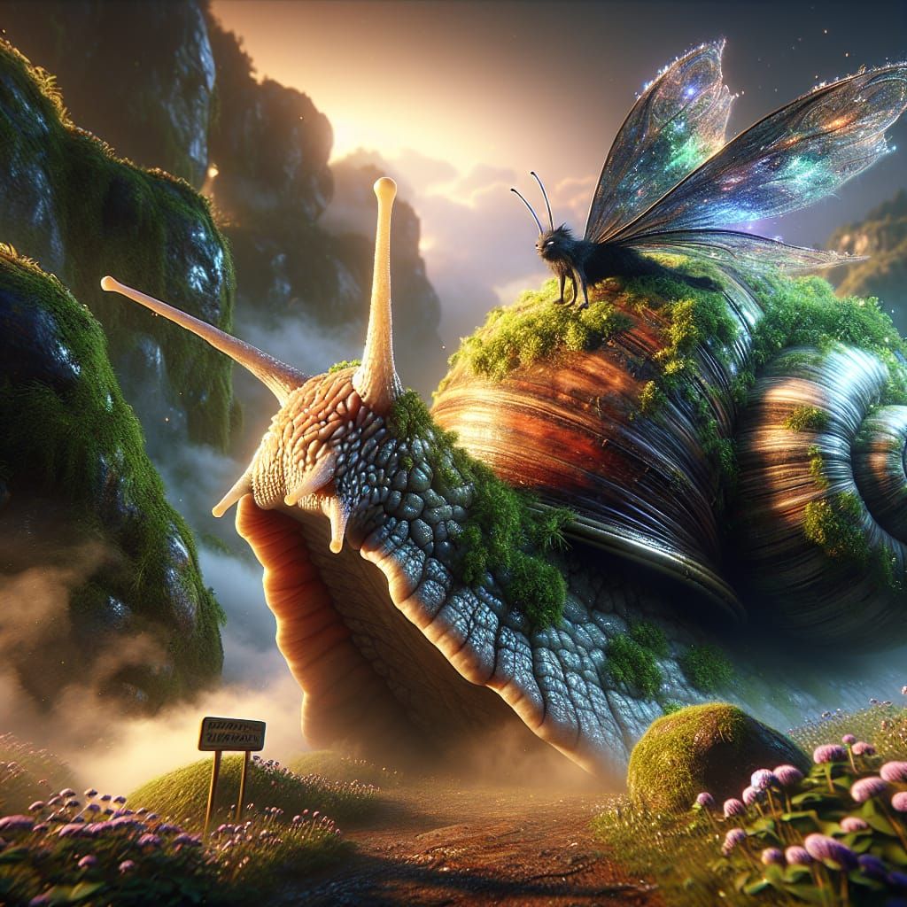 Fairy Riding Giant Mossy Snail in Detailed Matte Painting