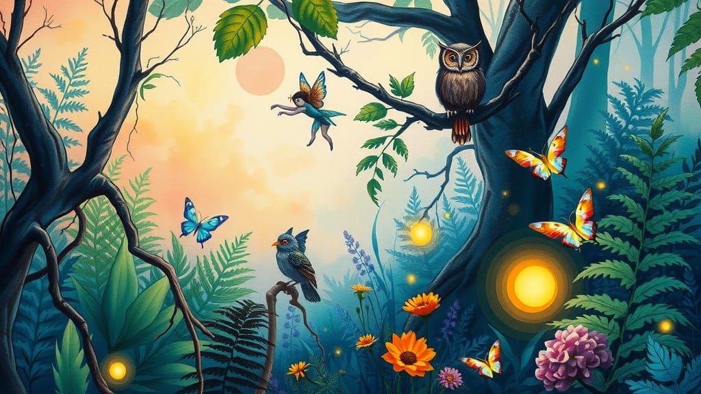 Mystical Forest Scene in Watercolor and Acrylic