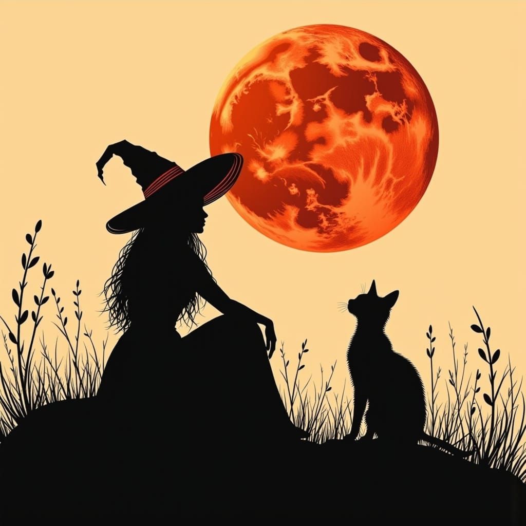 Witch and Cat Silhouette Under Blood Moon