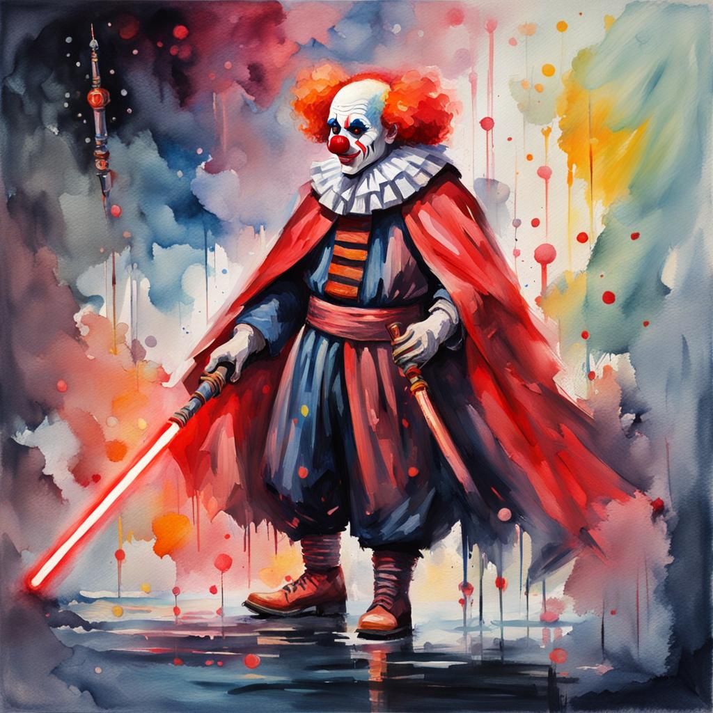 Clown Sith Lord with Lightsaber in Gouache Style