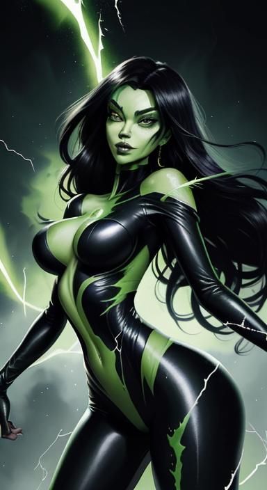 Shego Engulfed in Green Energy, Hyperrealistic Splash Art