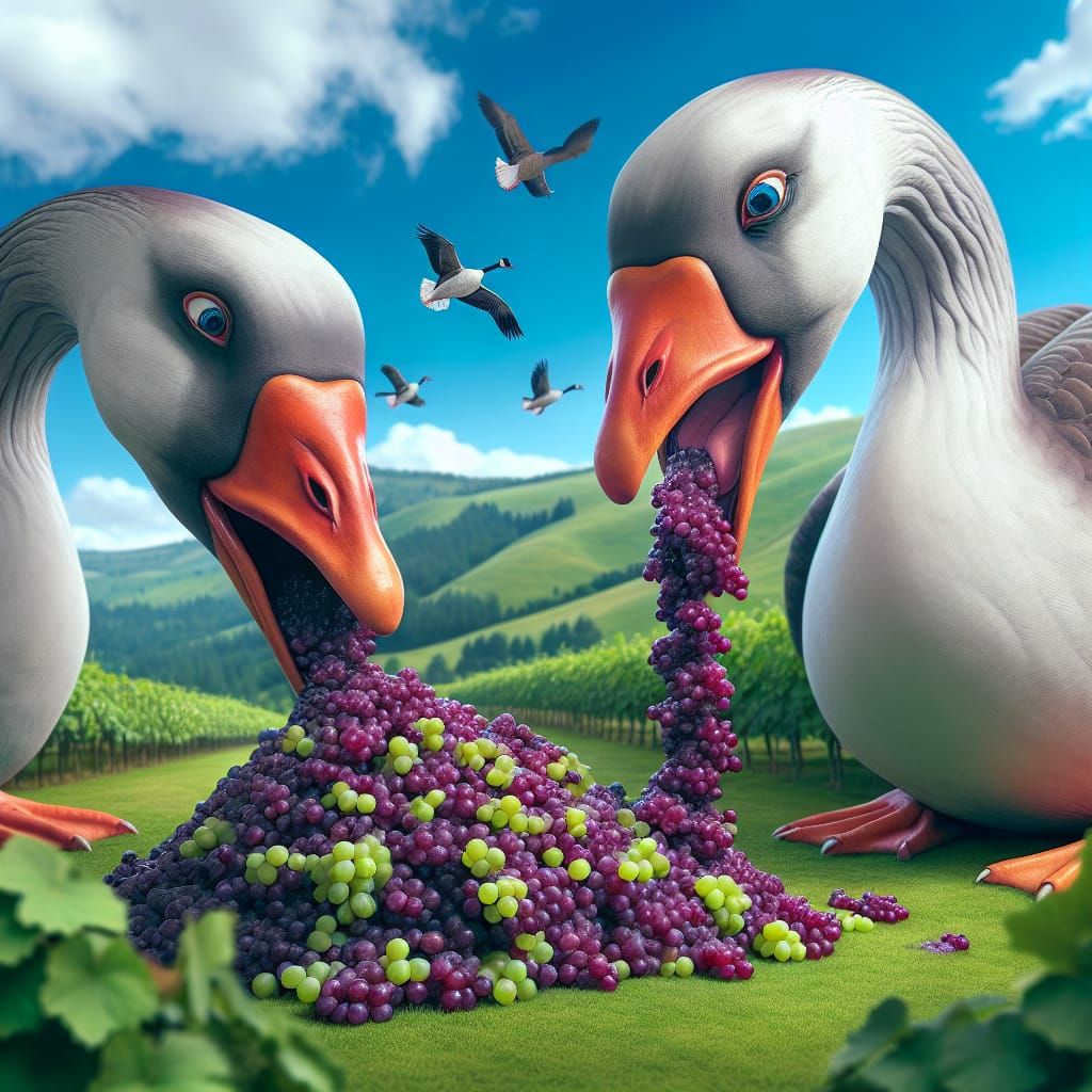 Gigantic Geese Feasting on Grapes in Countryside