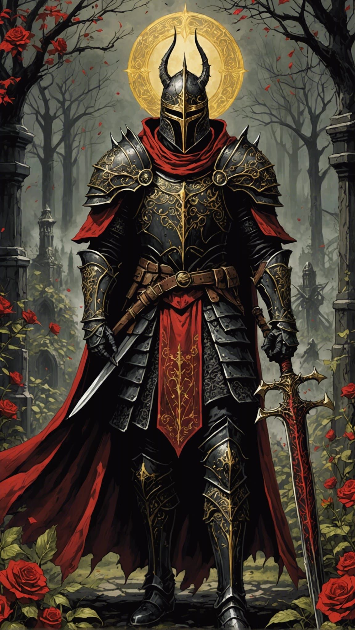 Grimdark Gothic Knight with Spear in Garden of Thorns