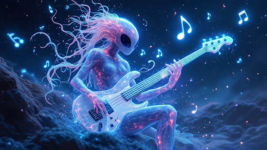 Ethereal Bioluminescent Alien Rockstar in Cosmic Space
