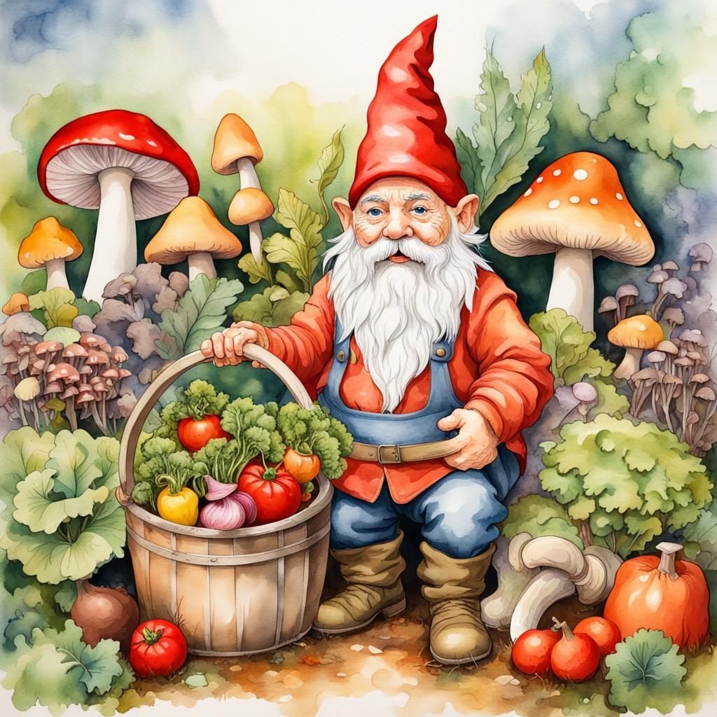 Garden Gnome on Farm in Watercolor Style