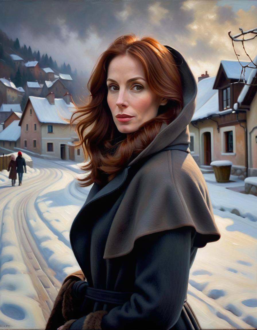 Chiaroscuro Portrait of Woman in Snowy Village