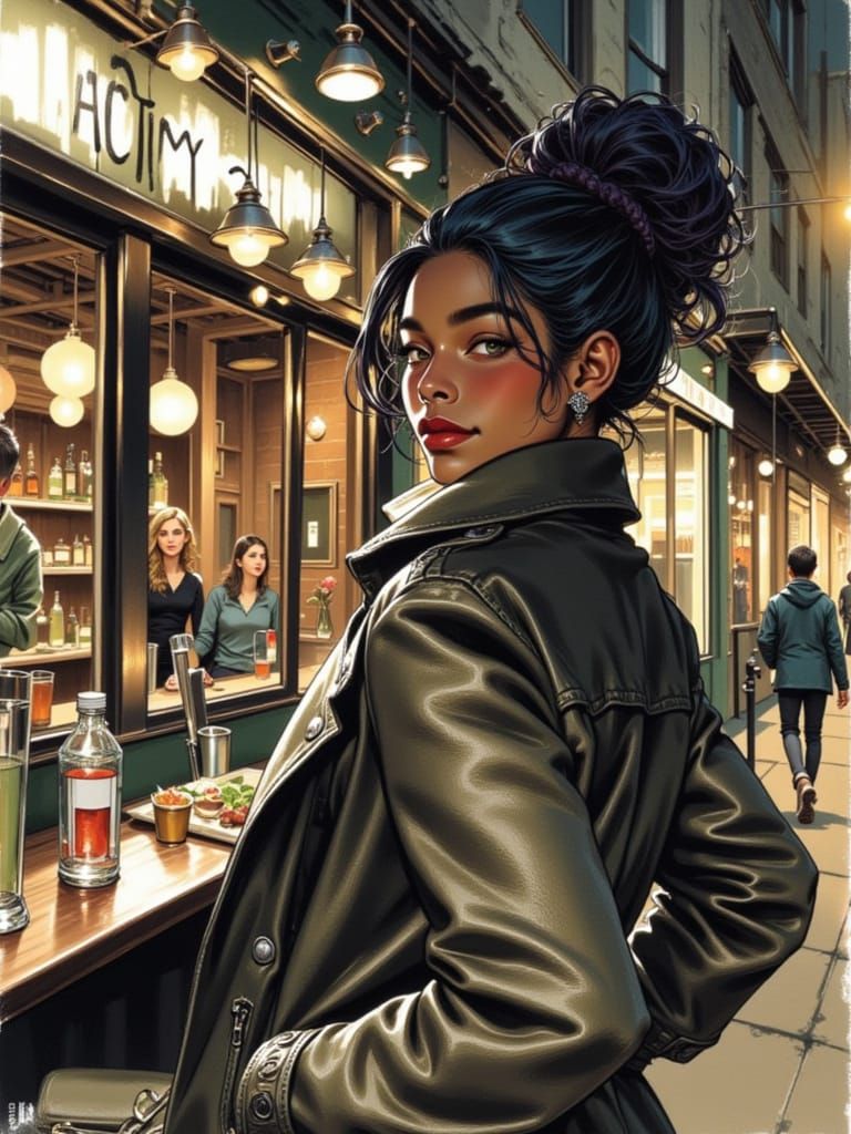 Smiling Woman in Boots, Ink and Watercolor Style