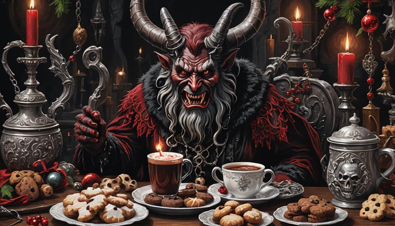 Krampus Stein with Cocoa: Dark Academia Illustration