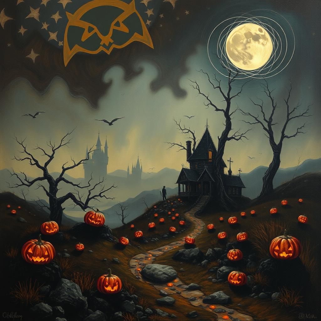 Surreal Halloween Scene as Impasto Art Deco Painting
