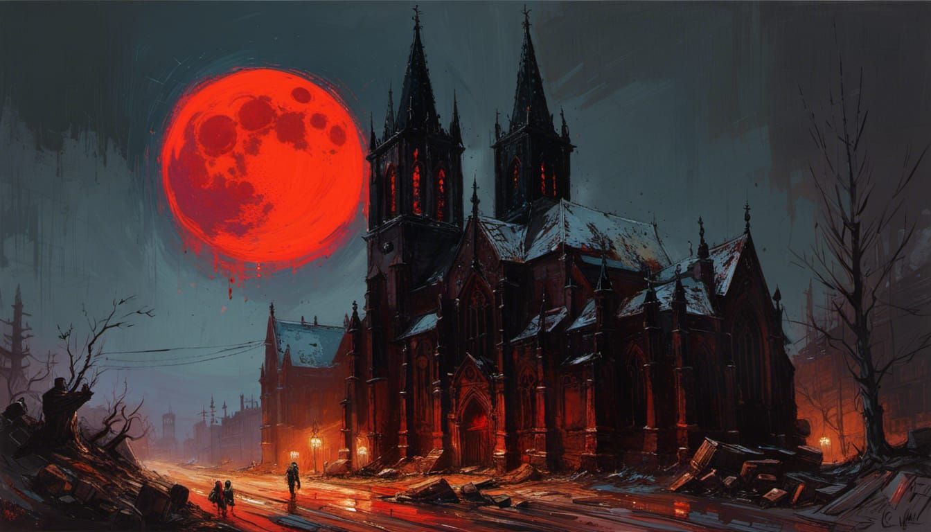 Gothic Church Under Red Eclipse Moon